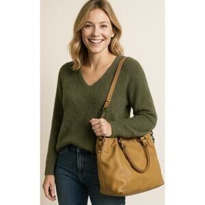 Banana Republic Pullover Sweater Size M Faux Rabbit Hair Keyhole V-Neck Green